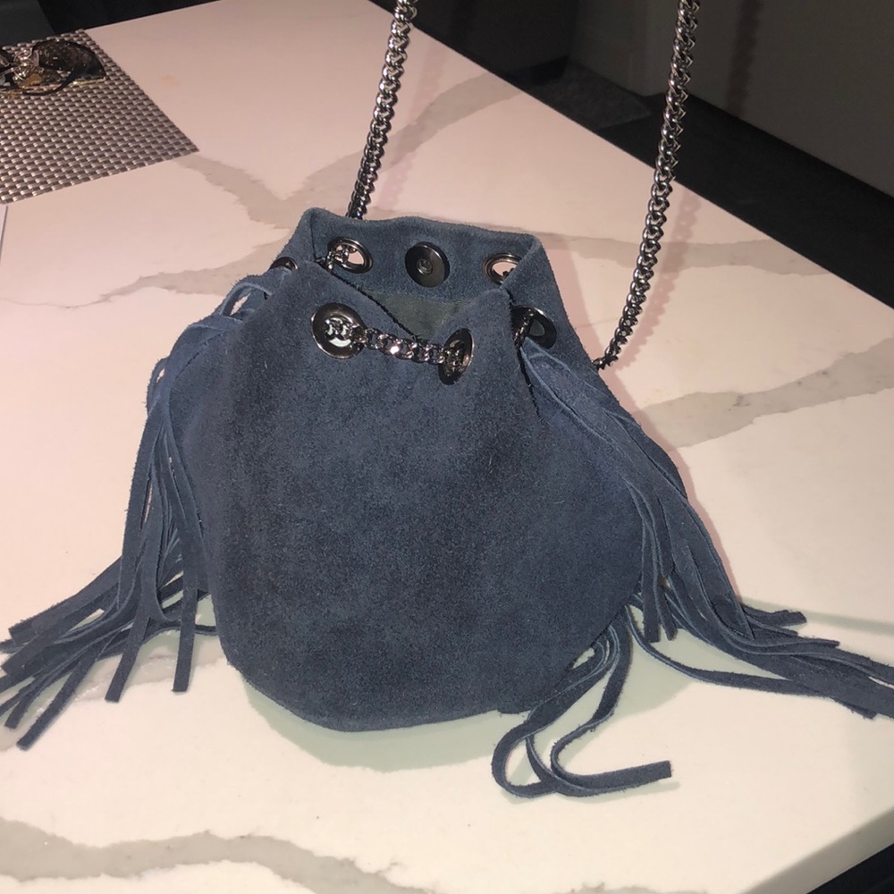 Navy blue suede bucket bag